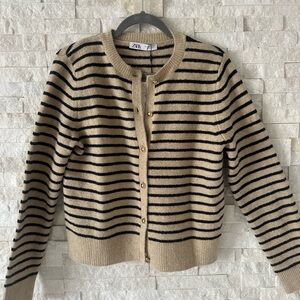 Zara Tan and Black Striped Cardigan Sweater